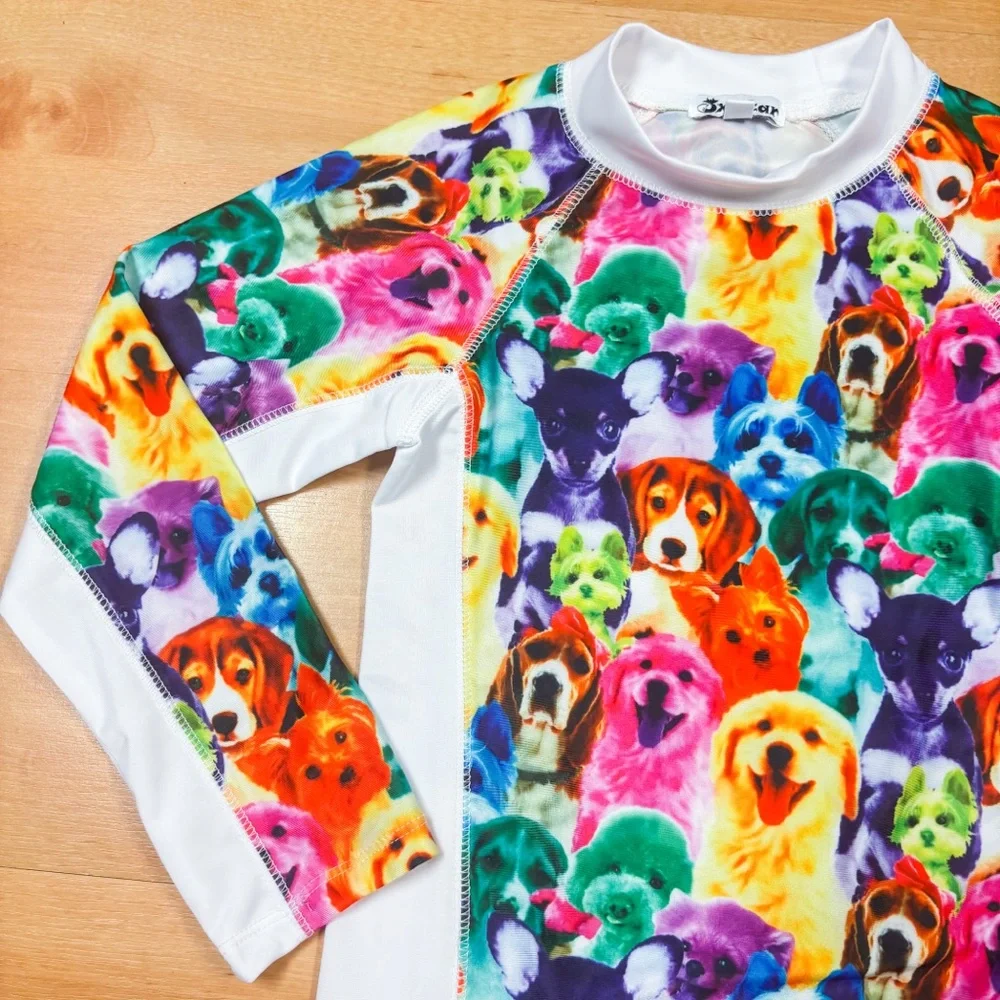 Jxstar Bright Multicolor Rainbow Long Sleeve Dog Puppy Graphic Rashguard 8-9Y